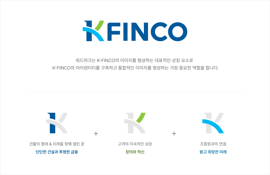 워드마크는 KFINCO의 이미지를 형성하는 대표적인 상징 요소로  KFINCO의 아이덴티티를 구축하고 통합적인 이미지를 형성하는 가장 중요한 역할을 합니다. 건물의 형태 & 미래를 향해 열린 문  단단한 건설과 투명한 금융 + 고객의 지속적인 성장 창의와 혁신 +  조합원과의 연결 밝고 희망찬 미래